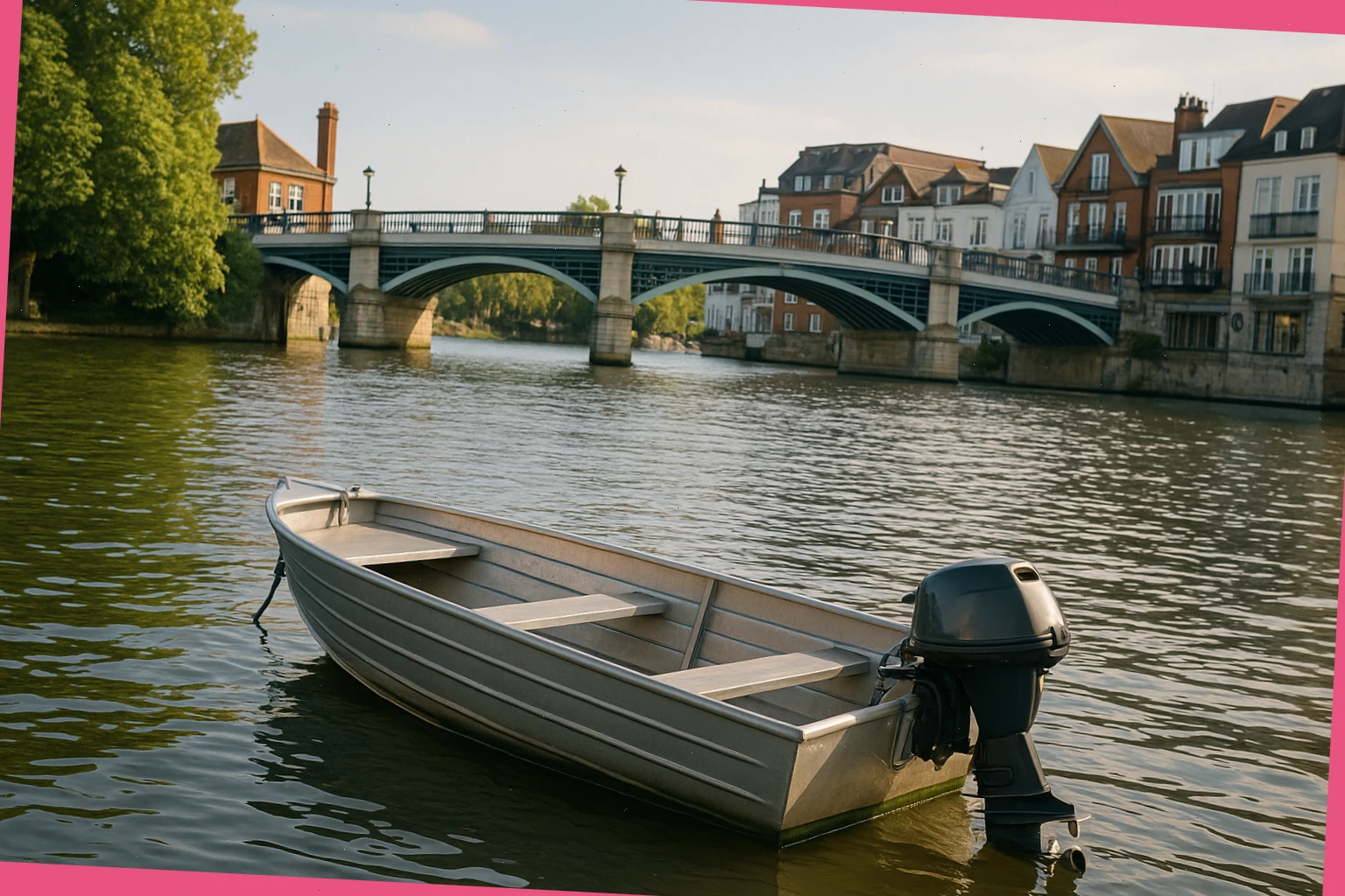 Open aluminium motorboat with small outboard near Windsor Bridge