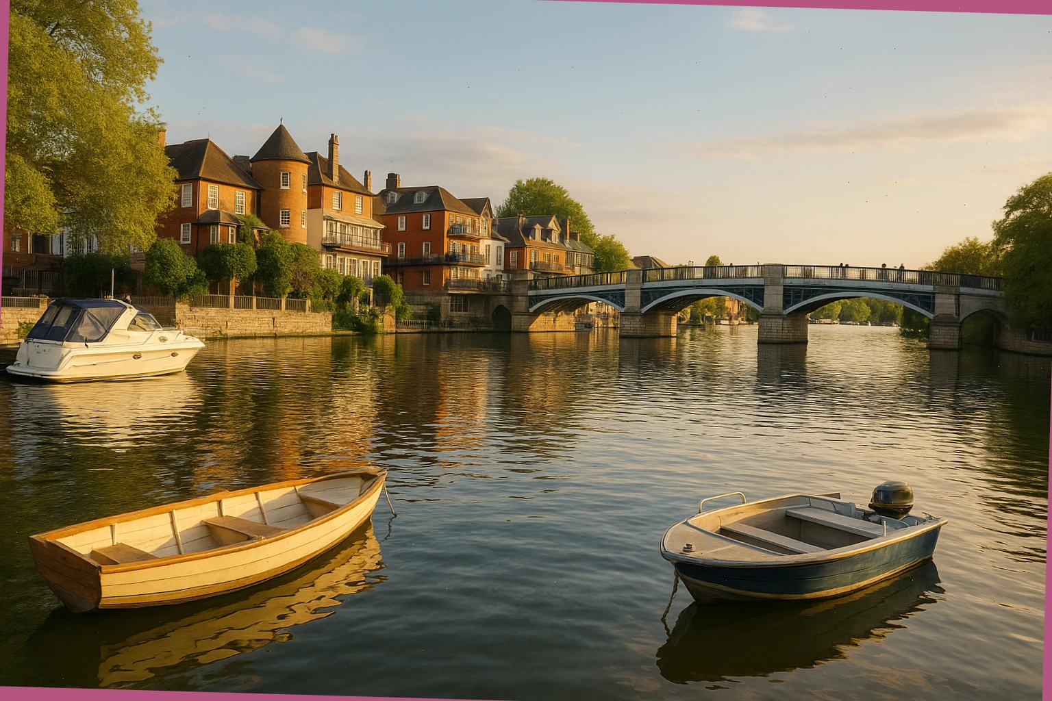 Thames by Windsor with calm water and boats near the bridge